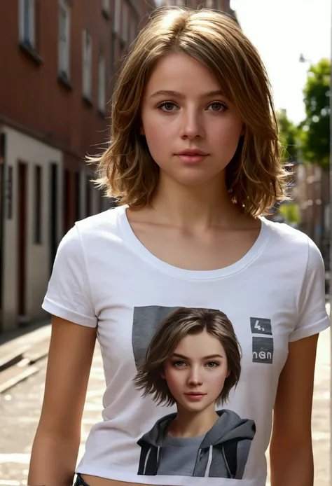 from front, (e1i4n4:1.3), highres, detailed, , 18yo, (photorealistic:1.5), street, small breasts,  standing, tshirt, stunning, spectacular, 