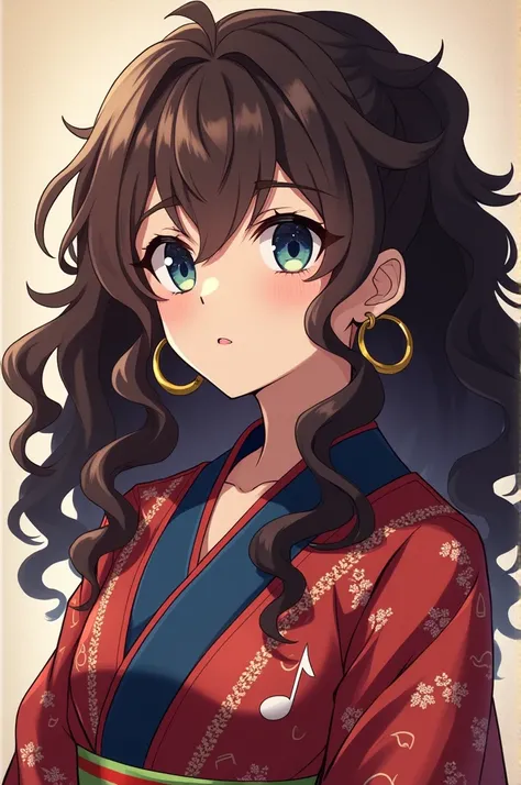 a brunette girl, with long curly clubbread hair, slanted and dark blue eyes, demon hunter (kimetsu no Yaiba) breathing the melody and has the haori on the edge of musical notes, she wears golden earrings with medium hoops and a hook on the left of the Colo...