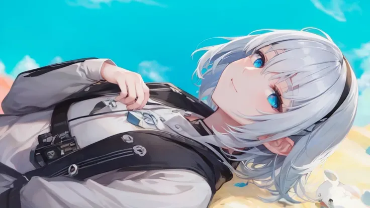 Ultra HD,Look at the viewers, Place your hands behind your back, With a girl, 20-year-old, 非常にshort hair, Long bangs between the eyes, Pale blue eyes, Very detailed,(masterpiece、Highest quality),Gray Hair、Laughter、wonderful, Silver Hair, iris, short hair、 ...