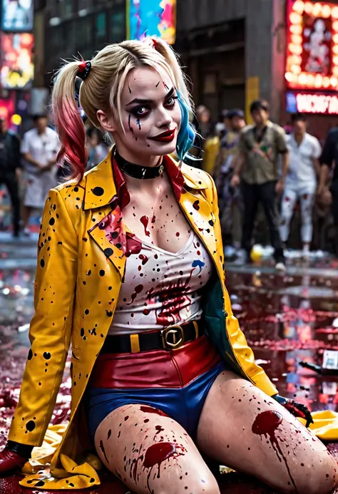 (Extreme complexity, two unique subjects) Margot Robbie as Harley Quinn (insane pretty face, tiny themed outfit Harley Quinn makeup on body, blood spatter) is wielding a bloody ball bat. Harley is standing over a confused Saitama who is lying on the ground...