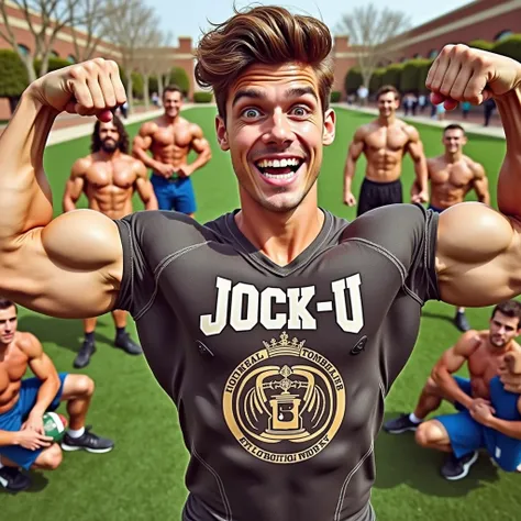 Young male college student standing on the college quad wearing shirt that says JOCK-U as a big dumb hyper muscular sweaty bodybuilder football jock bro in skin-tight compression gear flexing and staring blankly forward at the camera with open mouth under ...