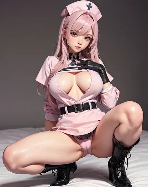 Big Breasts、Lace-up boots、Thin eyebrows、Beautiful eyes、whole body、squat、blush、high resolution、Lying down、Beautiful woman、 high quality ,4K ,Scanline illumination, Volumetric Light、8K Ultra HD, Soft lighting, high quality, Film Gray、Spread your legs、Pink Ha...