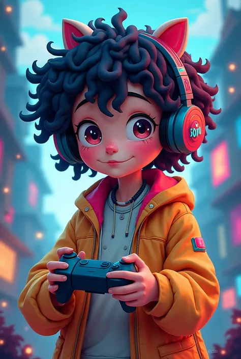 A 7 year old with short curly hair all over her body with Game style wearing colorful clothes all stylish with headphones on and game controller in her hands happy
