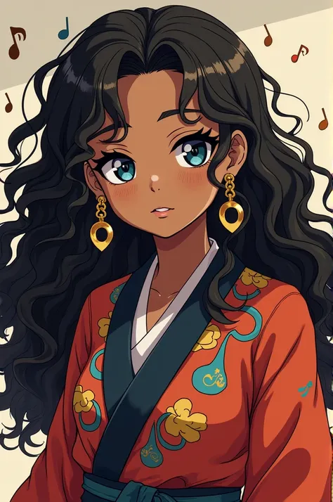 a brown skin girl, with long curly clubbread hair, slanted and dark blue eyes, demon hunter (kimetsu no Yaiba) breathing the melody and has the haori on the edge of musical notes, she wears golden earrings with medium hoops and a hook on the left of the Co...