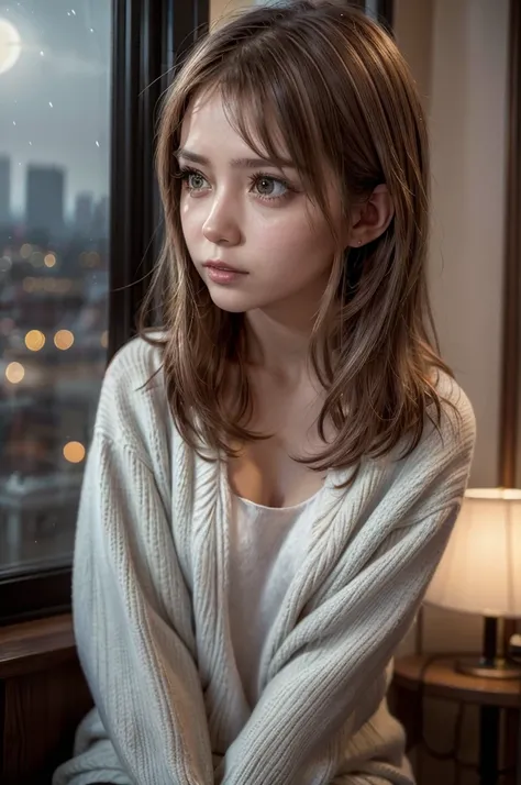 "A melancholic young woman sitting by a window at night, illuminated by soft moonlight and the warm glow of a nearby lamp. Shes looking out at a city skyline with twinkling lights. The room is dimly lit, with an open door visible in the background. A landl...