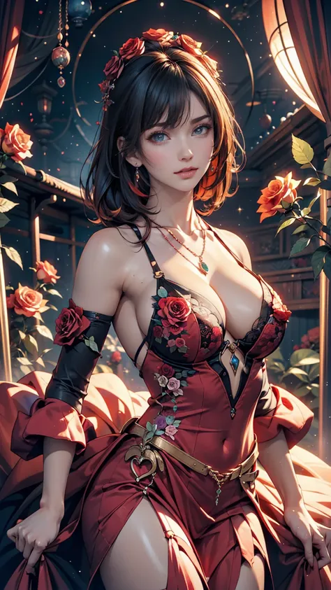 Close-up of a woman with colorful hair and necklace, Anime girl with space-like hair, The gentle vitality of rose roses, Gubes-style artwork, Fantasy art style, colorful], Vivid fantasy style, Ross draws vibrant cartoons, cosmic and colorful, Gwaiz, colorf...