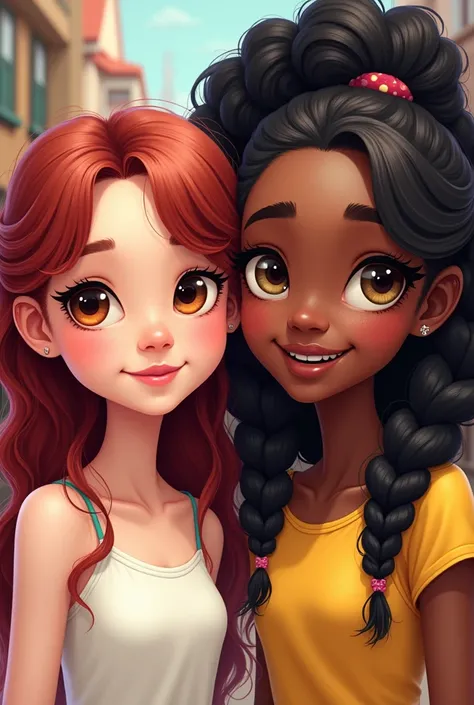 Draw two teenagers in cartoon mode, a pale white girl with wine red hair and brown eyes and another girl with dark, almost black skin with braids and olive-colored eyes 