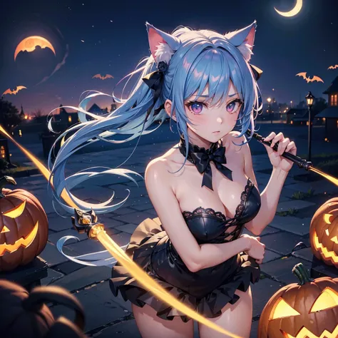 (Sky Blue Hair),(Medium Hair), (Pink Eyes),Fair skin) ,(whole body),(One Girl),(Crescent Moon),(There are many pumpkin ghosts in the background),Cat ear,Cat costume,Cat Pose,(Trick or Treat),Halloween Night Party),(masterpiece, Highest quality, Very detail...