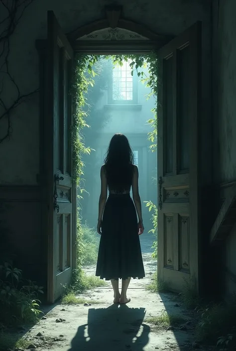 Make a woman, dark hair, entrar em um sanatorium, ancient architecture ,horror and dark, sanatorium