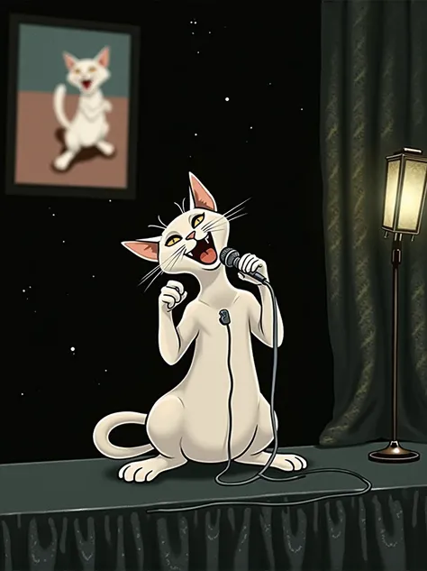 A cat is sitting at the edge of the stage, holding a microphone and singing.。The small picture in the upper left corner of the screen is a photo of a cat yawning with its mouth wide open.。