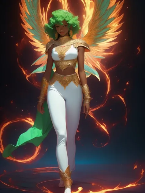 tan lines, black skin, huge breasts, Phoenix background, green hairs, curved hips, red eyes, white leggings, glowing effect, priest, healer, fantasy, gold ornament, full body view, walking, focusing magical energy in hand,