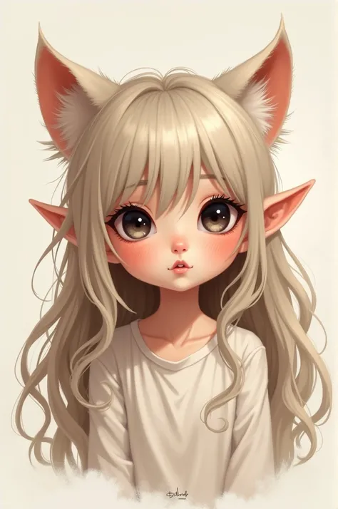 A cute adorable girl that has round black pearl gaze, cute nose button and pointed lips. She has a pair of cute fangs inside her mouth. She has fair skin and has long wavy hair down to her waist. She has attached ear shape. She looks cheerful amd has wildc...