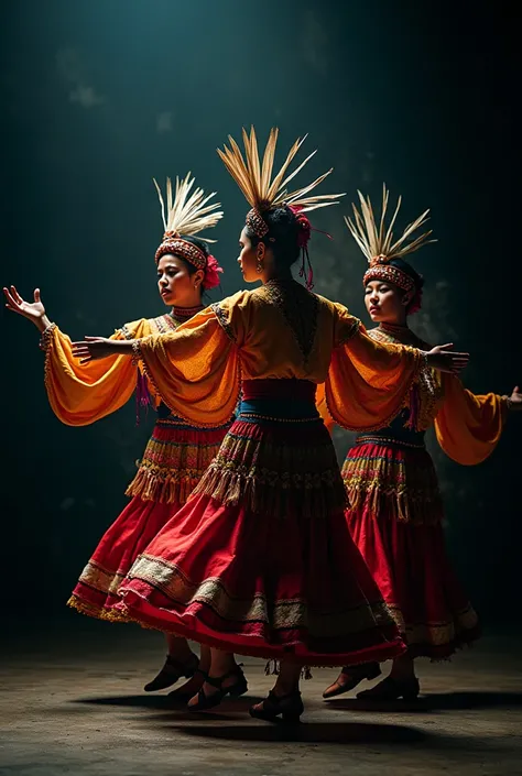 6 Different realistic typical Bolivian dances superimposed on a dark background