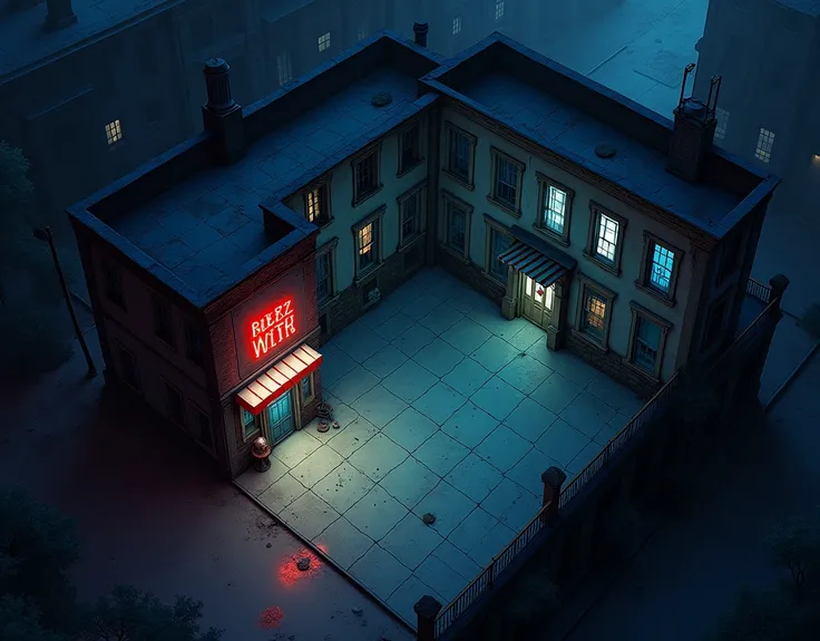 vampire the masquerade, map rpg, (a commercial building, seen from the inside.), game art, birdseye straight top-down shot from a drone, battlemap, current modern theme, seen from above, role-playing game, empty location, nighttime environment, (with reali...