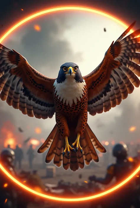 Create a realistic image of a falcon with open wings and a sign on its chest that says I&#39;m from the Northern Falcons team with a battlefield background. The entire image must be inside an orange circle.