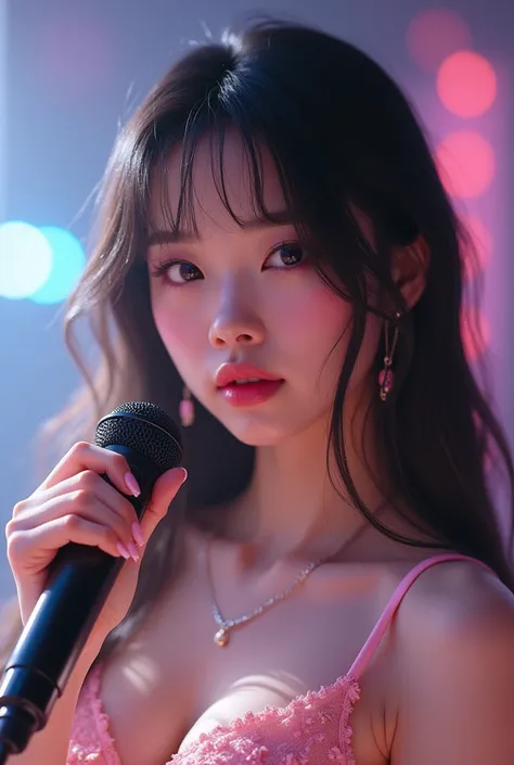 (Highly detailed), Korean girl, kpop idol, medium sized boobs, black hair with blonde strands, beautiful, has acrylic nails, dreamy makeup, cute outfit, microphone