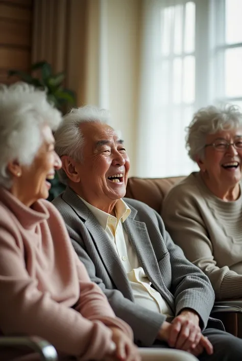 Japanese old people laughing in a nursing home