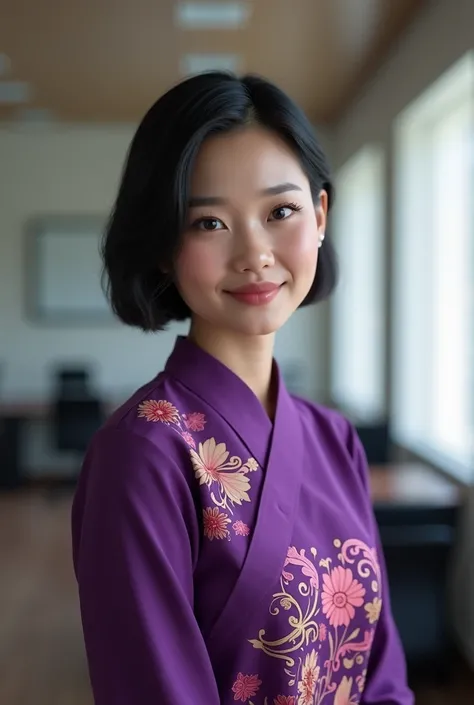 (photorealism:1.2), Asian lady,age 38,short black hair,height about 168 cm,chubby,fair skin,indoor office,standing up,wearing Burmese traditional blouse purple color.