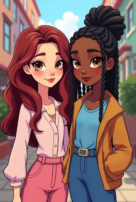 Draw two teenagers in cartoon mode, a pale white girl with wine red hair and brown eyes, dressed in pastel pink and another girl with dark skin almost black with African braids with olive-colored eyes dressed in blue