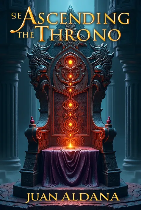 A book cover.

The title will be: Ascending the Throne. It will be centered at the top and written in gold..

In the center of the cover you will see a throne made of volcanic rock and precious stones embedded around it..

Below in the center will be the n...