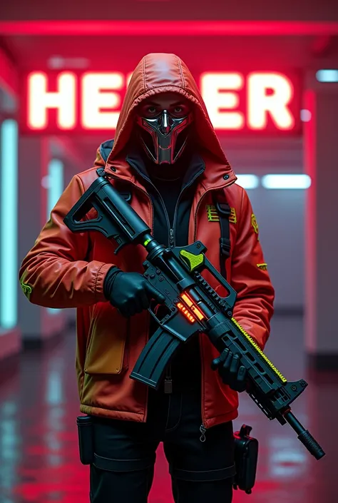 A captivating, futuristic scene by Hans Darias AI features an enigmatic, tactical full-body figure confidently standing in front of the "HEIKER" The figure dons a free fire latex glowing fluorescent red and lima hooded jacket, a chromed modern face mask, a...