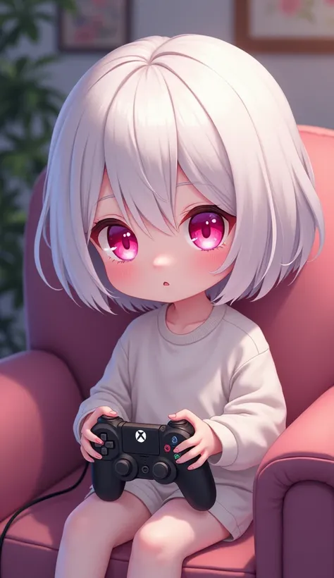 White Hair，Pink pupils，short hair，Small size，Wearing home clothes, sitting on the sofa and concentrating on playing games。