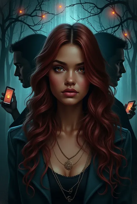 Imagine an intriguing and visually captivating cover. In the middle, The protagonist stands out with her dark skin, her reddish brown hair falling in soft waves, Framing her face with intense beauty. Her honey-colored eyes are deep and expressive., reflect...