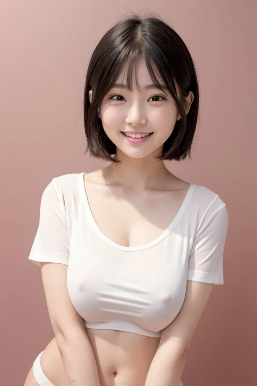 grinning Japanese　cute　she　21 years old G cup　blush, One Girl, Shortcuts, Black Hair, Simple Background, Smiling with teeth showing, awkward, Droopy eyes, Red face, Captivating smile, The whole face turns red, Mischievous, Textured skin, Simple Background,...