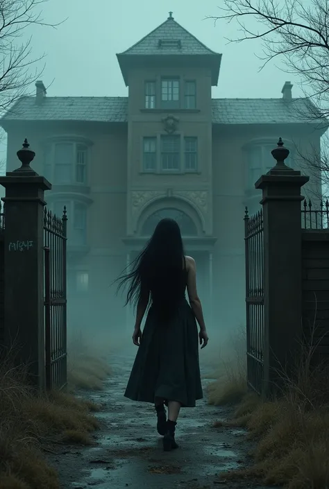 Make a woman, dark hair, enter a sanatorium ,horror and dark, hospital 