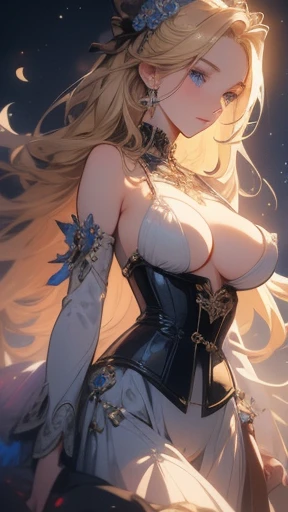 masterpiece, Highest quality, Highest quality, Official Art, beautifully、aesthetic:1.2), (1 girl), Very detailed,(Fractal Art:1.3),colorful,Most detailed,Blonde long hair,blue eyes,Moonlit Night,Rose,(Big Breasts:1.4),,Nipples,corset,Fine Jewelry,whole bod...