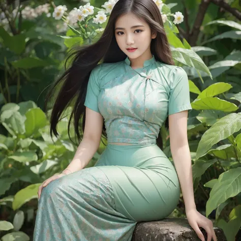 Burmese girl with attractive curvy full body.  Friends full-length bikini, (green dress) reflective long dress painted with flower patterns, only dress.  hi gh hips  High resolution  High resolution  natural background  High resolution  HD  3D,  8K cartoon...