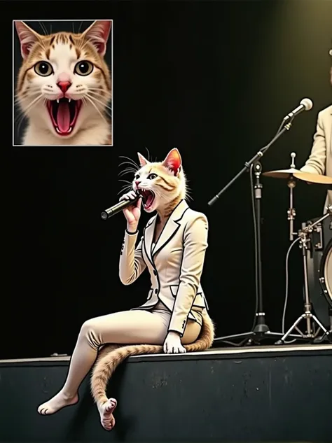 A cat wearing a one-sleeve suit is sitting at the edge of the stage and singing with a microphone.。In the small window at the top left of the screen, a close-up of a cat&#39;s face with its mouth wide open and yawning.。(((photograph、Realistic)))