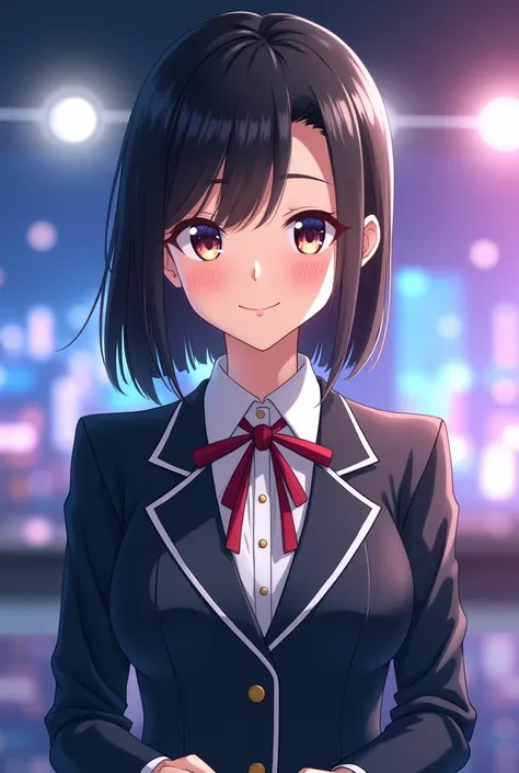 Anime young female news announcer. Announcer is a student. Appearance are beautiful straight black short hair. Front view.