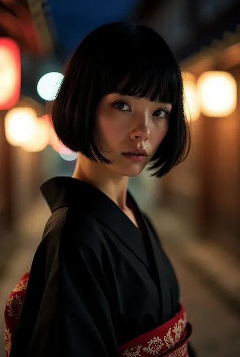 ""Rukia Kuchiki - Black Kimono" Steve McCurry, 35mm, debt/2.8, Highly detailed and exquisite, high quality, High coherence, Deeply focused images, Full body photo, Anatomically correct, short hair, (Black eyelashes and hair:1.2), Hair between the eyes, lip...