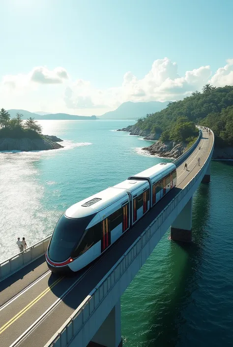 Panama Amador Causeway with a modern tram at a stop 
