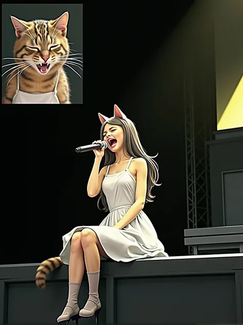 A female cat wearing a one-piece white dress is sitting at the edge of the stage and singing with a microphone。In the small window at the top left of the screen, a close-up of a cat&#39;s face with its mouth wide open and yawning.。(((photograph、Realistic))...