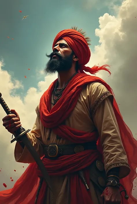 18th century 40 year old Indian man in brown complextion in male gown shouting at sky with blood strained big moustache and blood strained hands with a sword in one hand and wearing red turban

