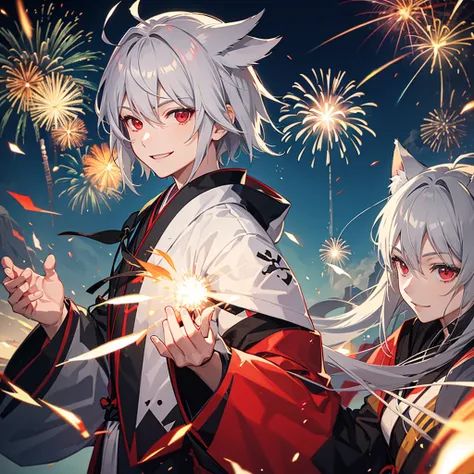 One Man, Gray Hair, Red eyes, smile, Anime Style, boyish, kimono, firework,
Wolf Cut