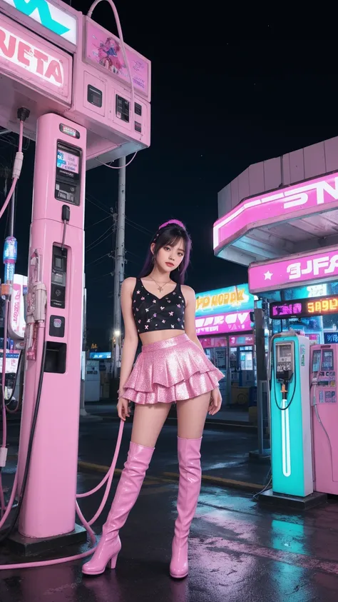 A young woman in a futuristic, sparkly outfit stands confidently amidst a surreal, neon-lit gas station. The gas pumps, adorned with stars, are suspended in mid-air, their hoses swaying playfully. The scene is drenched in vibrant pink and purple hues, crea...