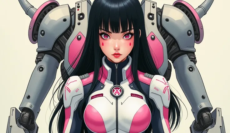 A young woman with long, dark hair and bangs that fall over her forehead. She wears a fitted futuristic suit in white, pink, and black tones with technological details, including a rabbit image on her chest. Her expression is serious and determined, and sh...