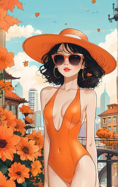 A beautiful woman in a swimsuit made of flowers, wearing a hat and large black sunglasses, poses gracefully for a full-body shot surrounded by a cityscape in autumn colors. The digital art style features a vibrant orange and brown color palette and detaile...