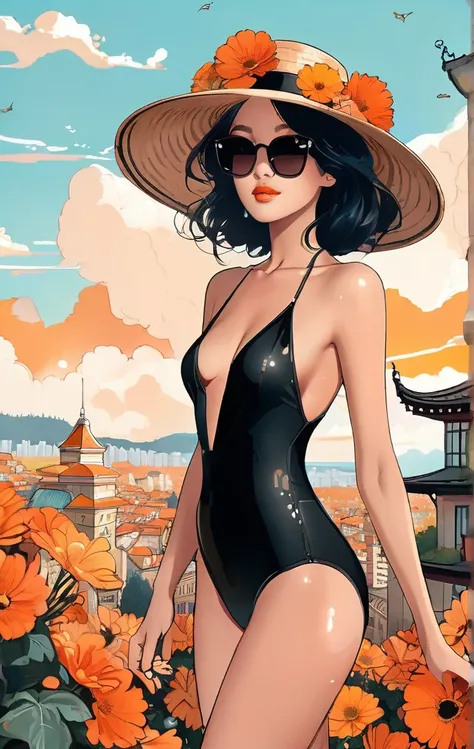 A beautiful woman in a swimsuit made of flowers, wearing a hat and large black sunglasses, poses gracefully for a full-body shot surrounded by a cityscape in autumn colors. The digital art style features a vibrant orange and brown color palette and detaile...