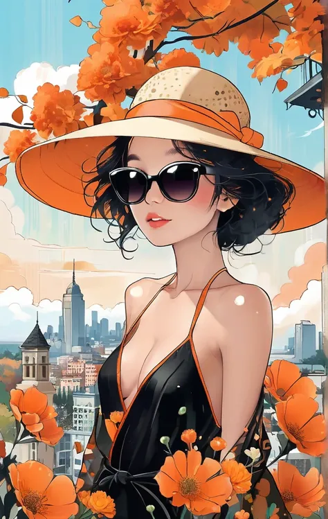 A beautiful woman in a swimsuit made of flowers, wearing a hat and large black sunglasses, poses gracefully for a full-body shot surrounded by a cityscape in autumn colors. The digital art style features a vibrant orange and brown color palette and detaile...