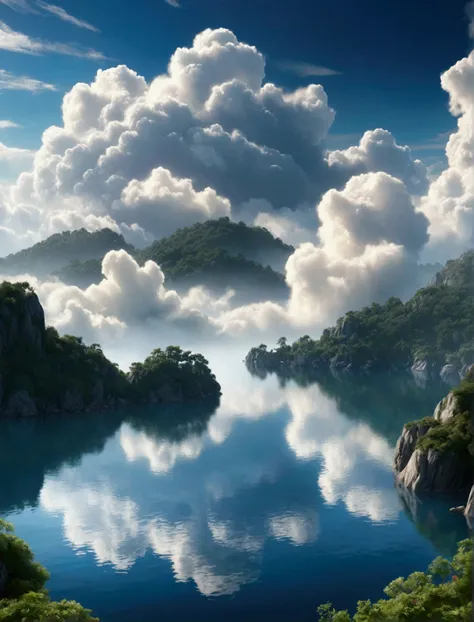 Surrounded by clouds，Beautiful and smooth graphics，(not human),Carefully drawn landscapes，Thin clouds float on the water，It&#39;s like a fairy tale。A hazy light penetrates the clouds，Reflects stunning light and shadow effects。The photo shows a sea of cloud...