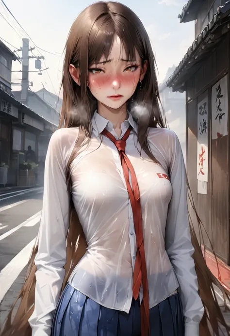 ((masterpiece,Highest quality:1.3,Highest qualityのイラスト,Realistic:1.3)),Cowboy Shot,solo,1 Female,(20-year-old、The Beauty of Japan)、Brown Hair,Long Hair,(Center parted bangs),Brown eyes,Gorgeous eyes,((very small head:1.3)),shy,Heavy breathing,((Very long b...