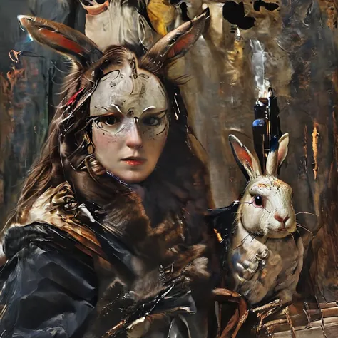 The portrait of a young woman dressed in furs and a bird mask and rabbit ears, with an oil technique, very similar to the Venetian technique or Pablo Rubens.