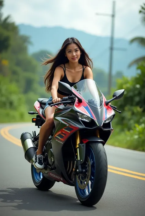 Real pinay riding motorcycle side position background road