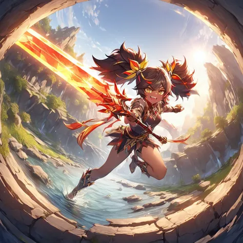 xinyan, tanned skin, sharp eyes, yellow eyes, add_detail:2, twintails, dynamic pose, happy, bedroom background, sun rays, sunset, top of liyue, top of mountain, river stream in background, flaming greatsword in hand, .(dynamic angle:1.1), sharp focus, absu...