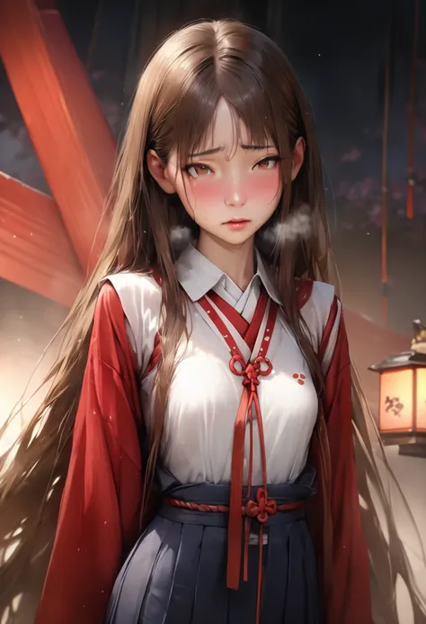 ((masterpiece,Highest quality:1.3,Highest qualityのイラスト,Realistic:1.3)),Cowboy Shot,solo,1 Female,(20-year-old、The Beauty of Japan)、Brown Hair,Long Hair,(Center parted bangs),Brown eyes,Gorgeous eyes,((very small head:1.3)),shy,Heavy breathing,((Very long b...