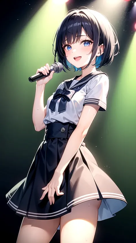 Blue-purple short bob high school girl、Blue eyes、Sailor suit、The background is a concert hall、(((Girl Band)))、live、Idol、Hold the microphone by both ends、Spotlight in the darkness、Sweat、smile、Wink